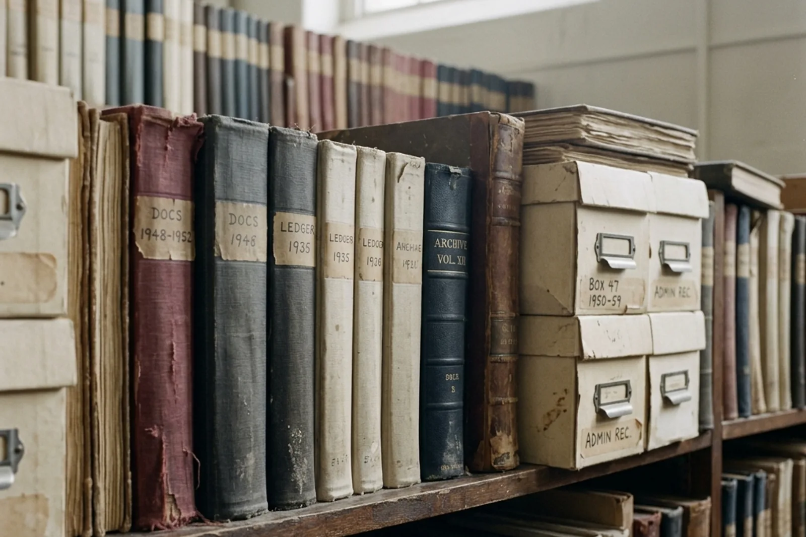 Bound archive volumes and document boxes on a shelf.